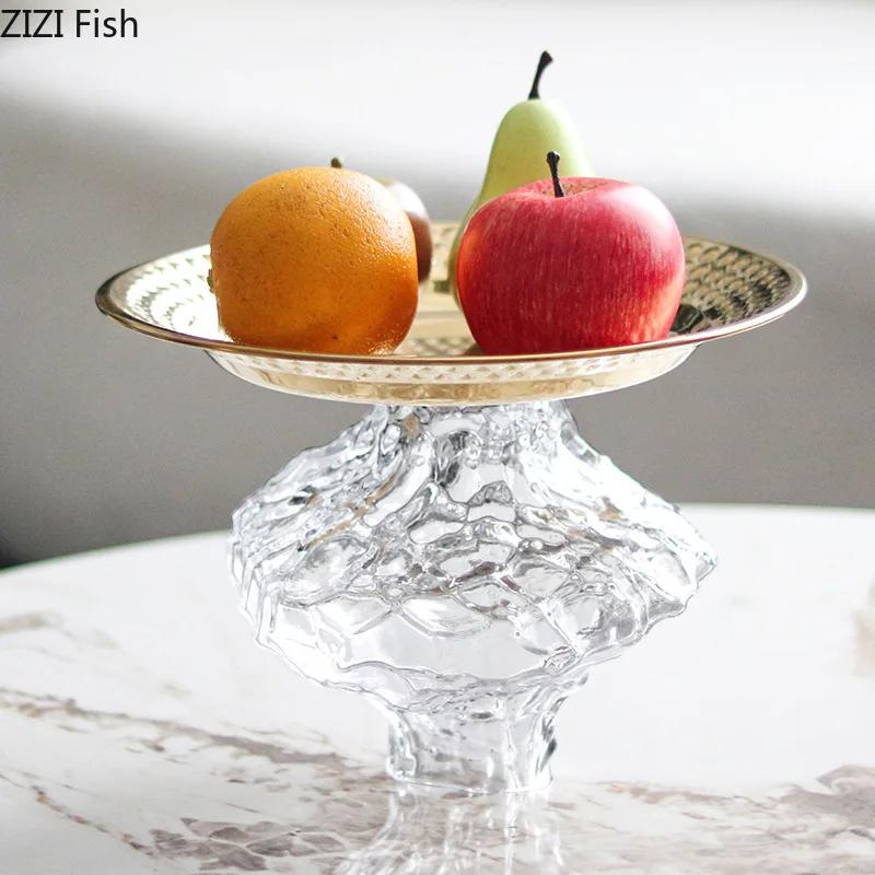 Wrinkle Glass Fruits Bowl Gold Plated Storage Tray Breakfast Dinner Plates Hotel Restaurant Fruit Plate Home Dessert Cutlery