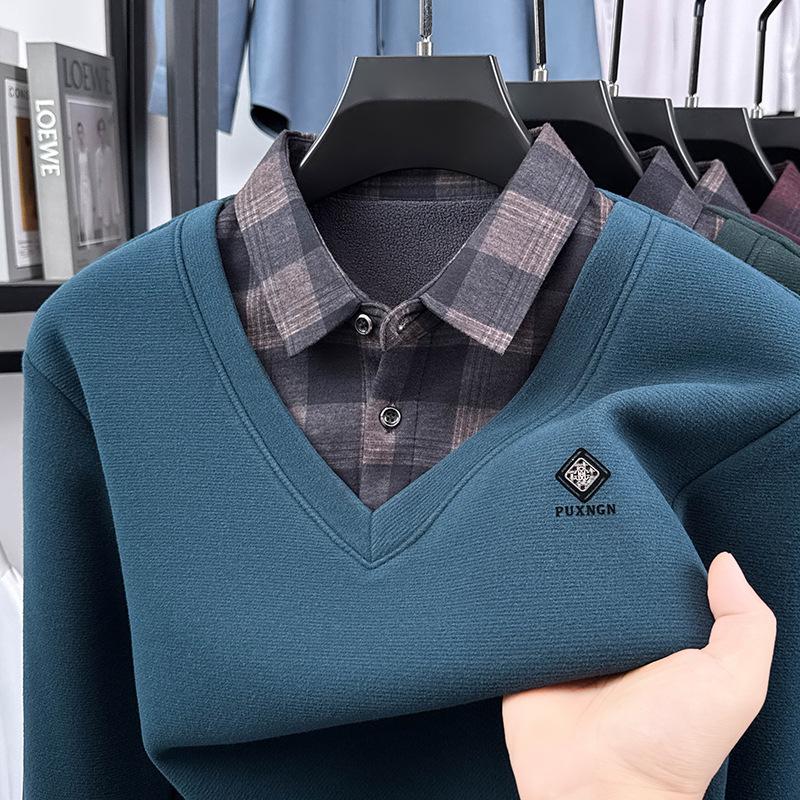 

Men s Winter Faux Two-Piece Sweater with Shirt Collar and Velvet-Lined Knitwear XXL синій