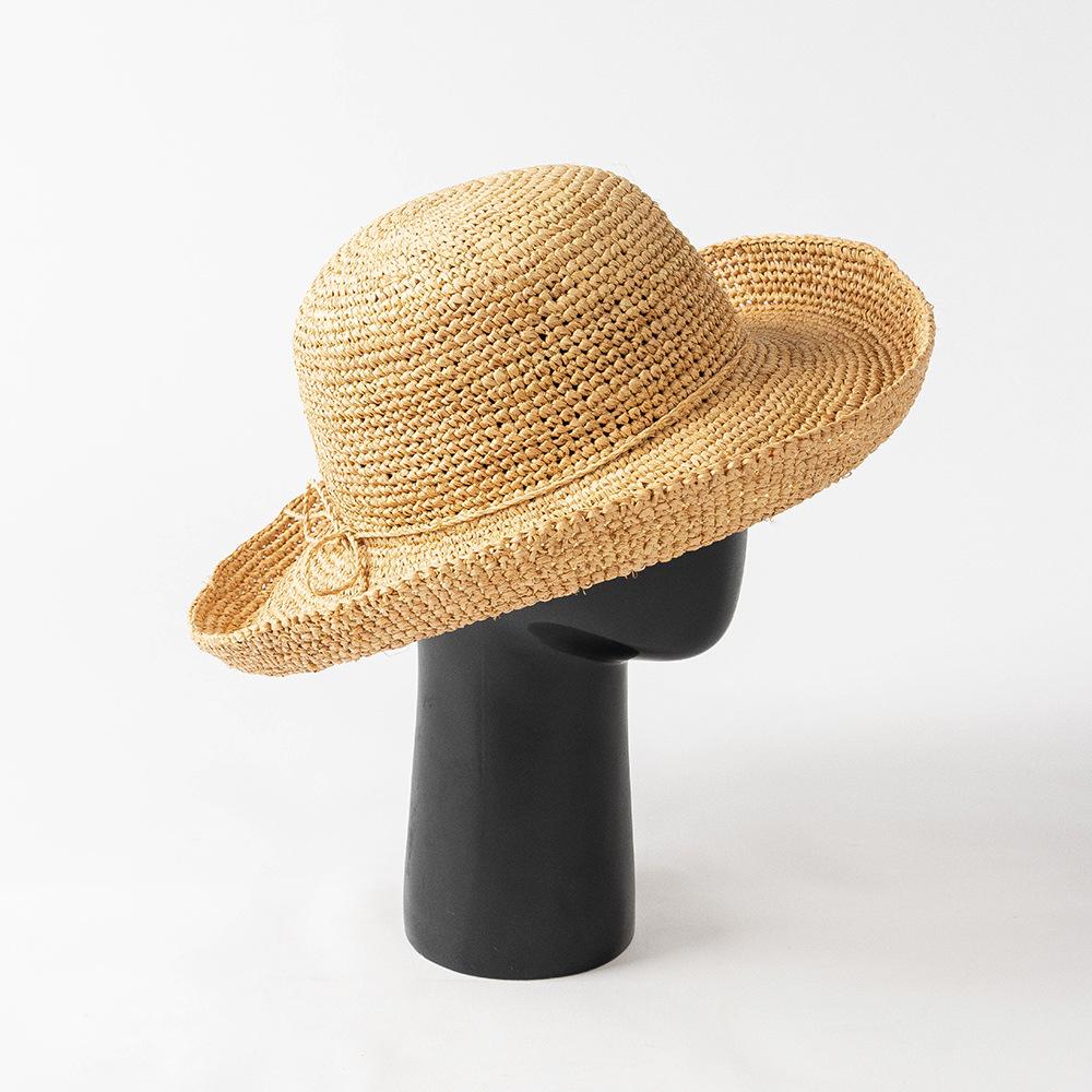 Spring and Summer New Fashion Casual Tether Handmade Crochet Dome Curled Edge Lafite Straw Hat Outdoor Sun Protection Visor Women