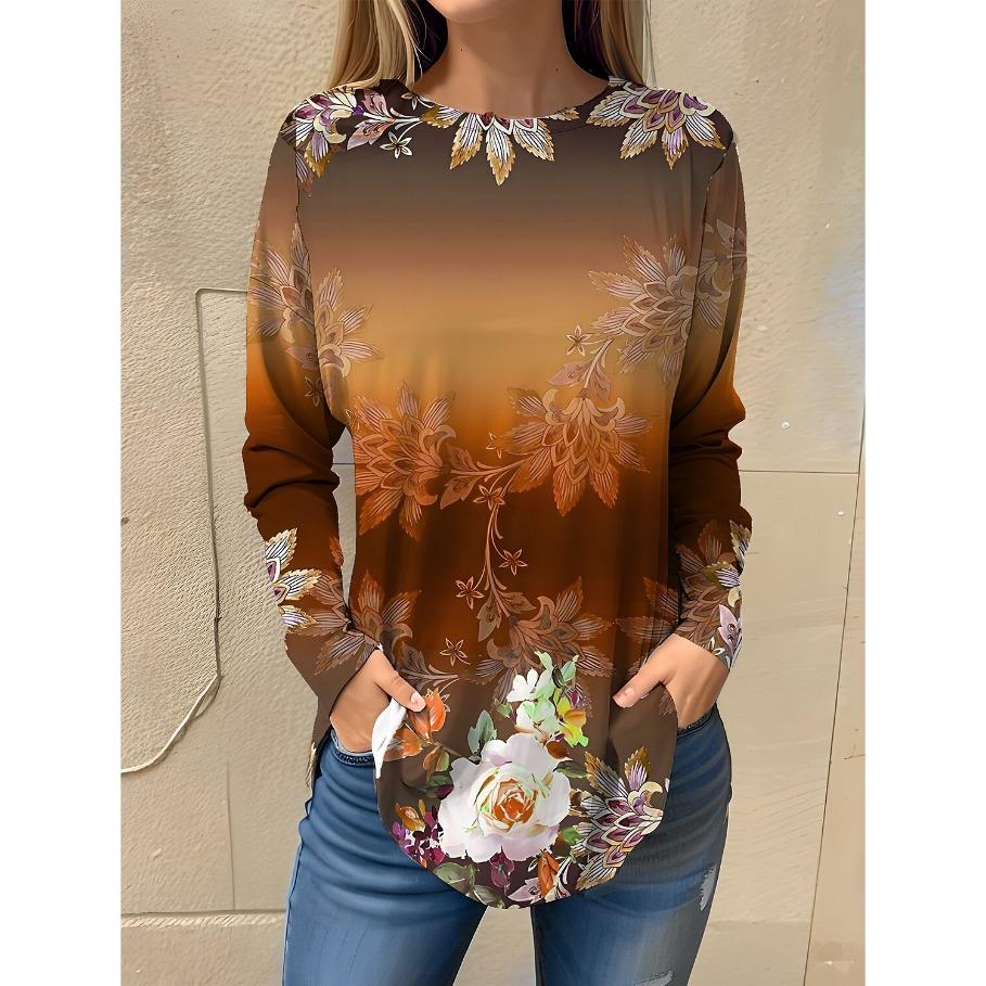 Women's Floral Print Long Sleeved T Shirts Casual and Fashionable Outdoor Round Neck Pullover Slim Fit T-shirt for Spring and Autumn Tops