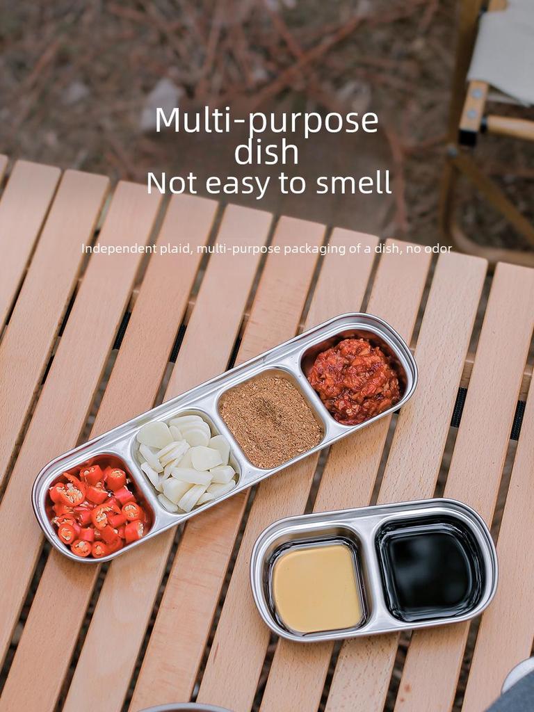 304 Stainless Steel Outdoor Divided Sauce & Seasoning Dish - Dual & Triple Grid for Camping