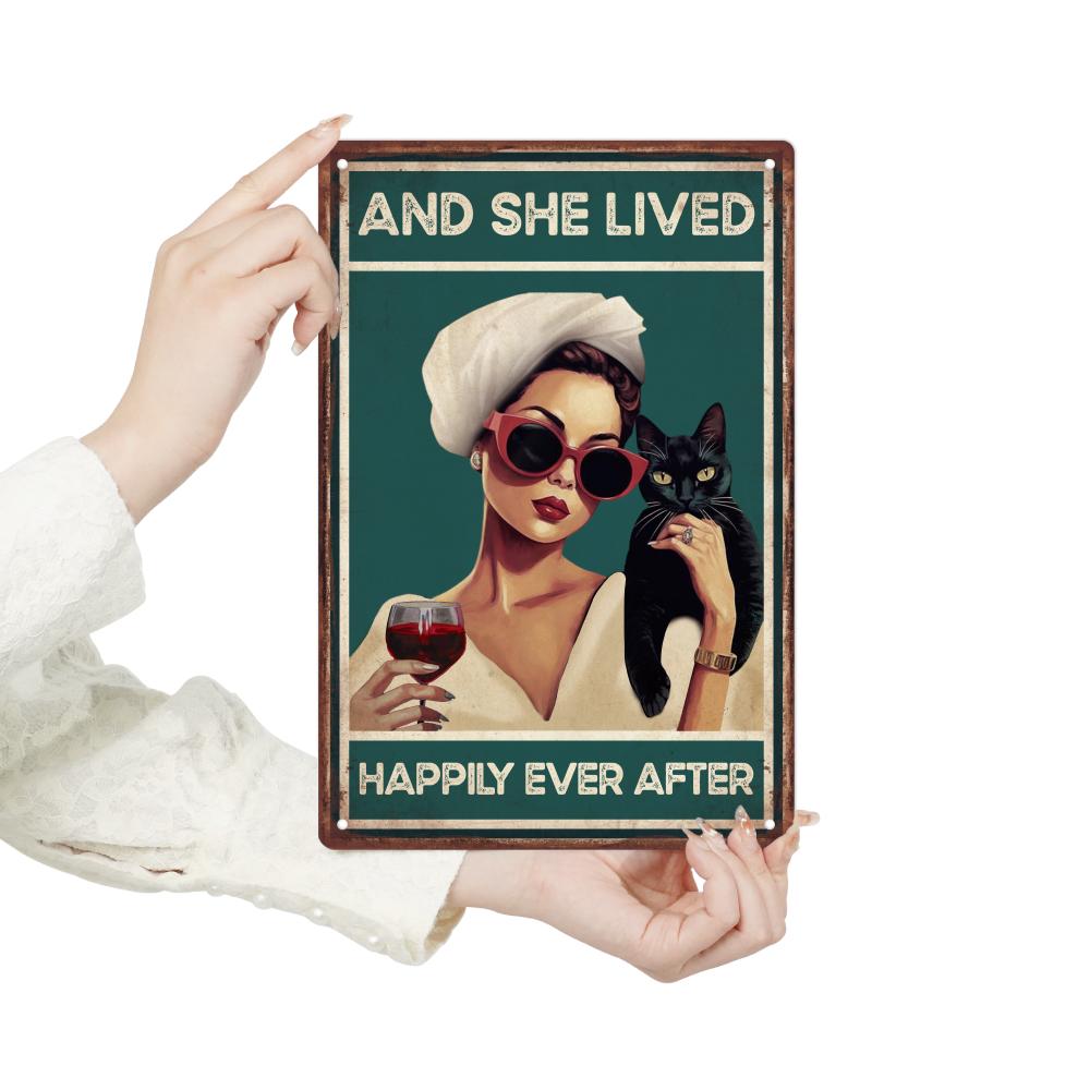 1pc Black Cat Vintage Metal Tin Sign, And She Lived Happily Ever After - Wall Art Decor for Kitchen Bar Cafe Restaurant Club