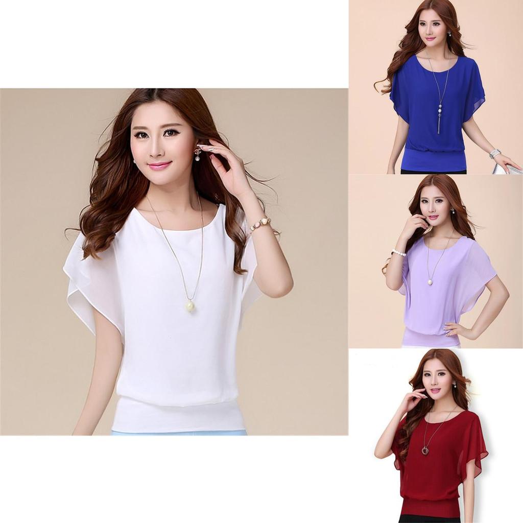 Luxurious Plus Size Chiffon Blouse With Elegant Ruffle Batwing Short Sleeves