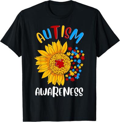 Autism Awareness Sunflower Print Cotton Casual Round Neck Short Sleeve T-Shirt Men Women