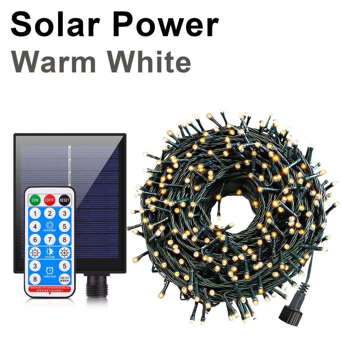 

328 футов Светодиодная гирлянда на солнечной батарее для улицы, 8 режимов, USB-зарядка и пульт, водонепроницаемая для сада, балкона, гирлянда, Рождество, патио 10M 100LED теплый белый