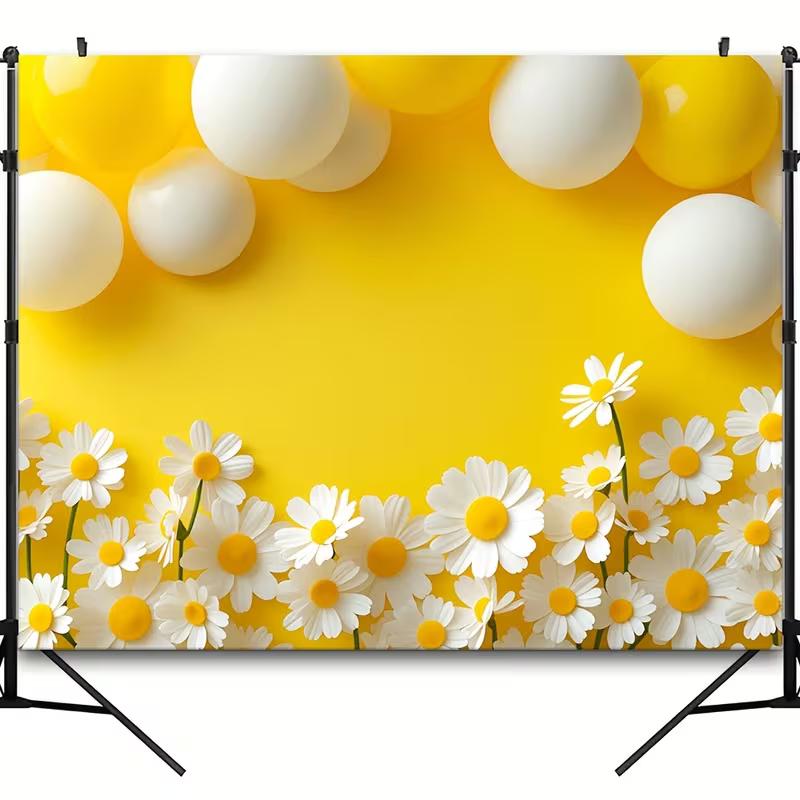 Lebendiger Gelber Gänseblümchen- und Luftballon-Hintergrund, Florale Szene, Fotografie-Hintergrundtuch