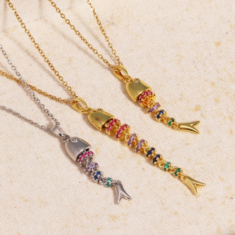 Creative Swinging Fish Pendant Necklace Colorful Copper Alloy Jewelry For Women Fashionable Dynamic Neckchain