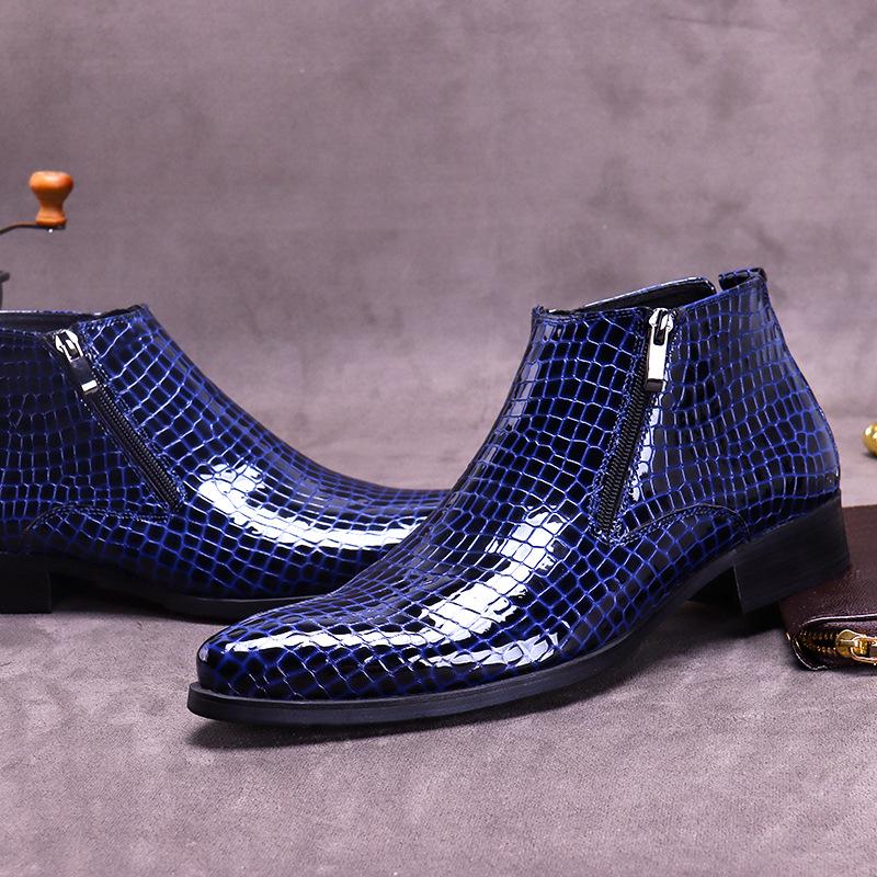 Herren Echtleder Stiefel mit spitzer Zehenpartie, geprägtem Muster und Reißverschluss