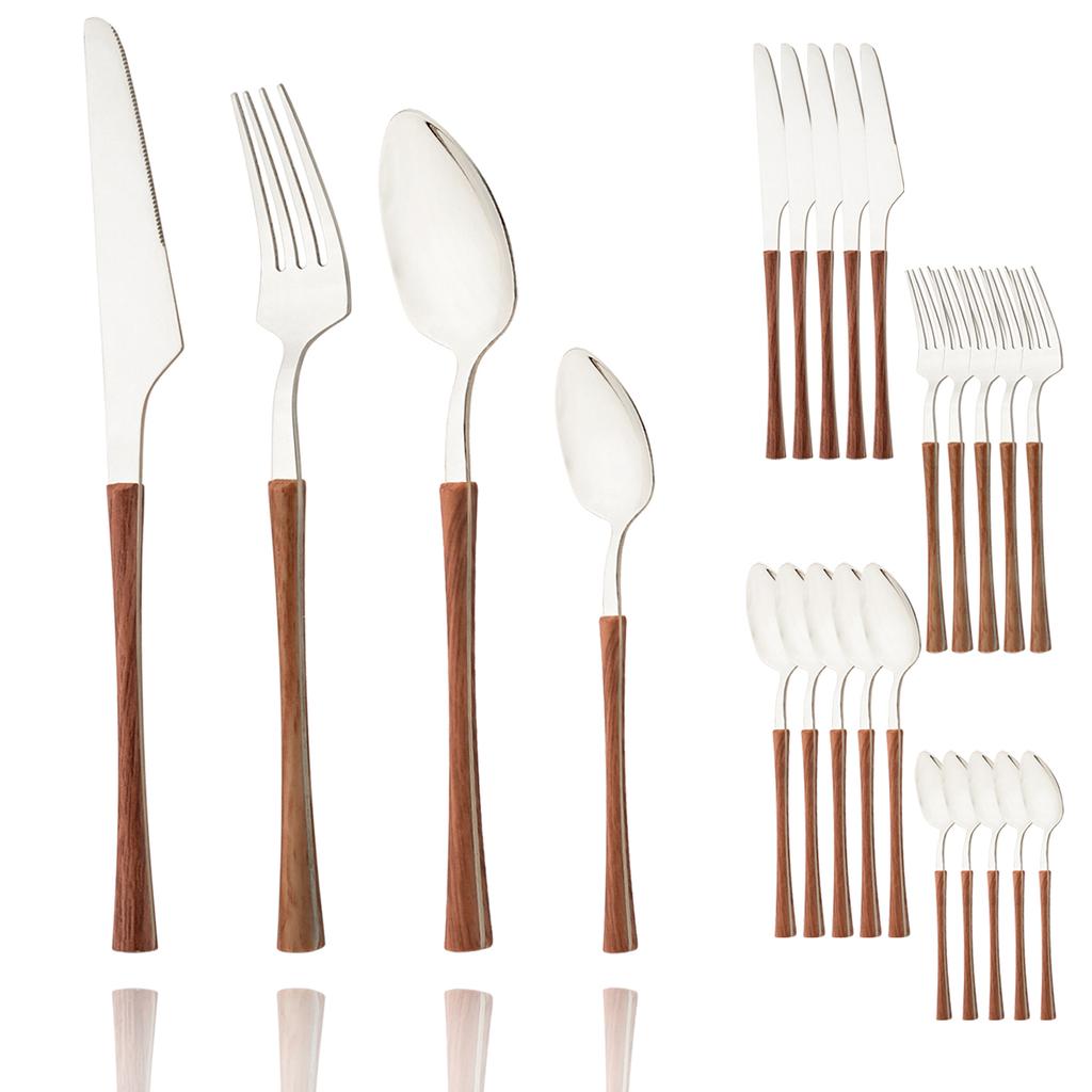 24 ks Příborů s dřevěnou rukojetí Domácí kuchyňská sada nádobí Nůž Vidlička Lžíce Čajová lžička Imitace mramoru Zrcadlová nerezová ocel Služba pro 6 osob