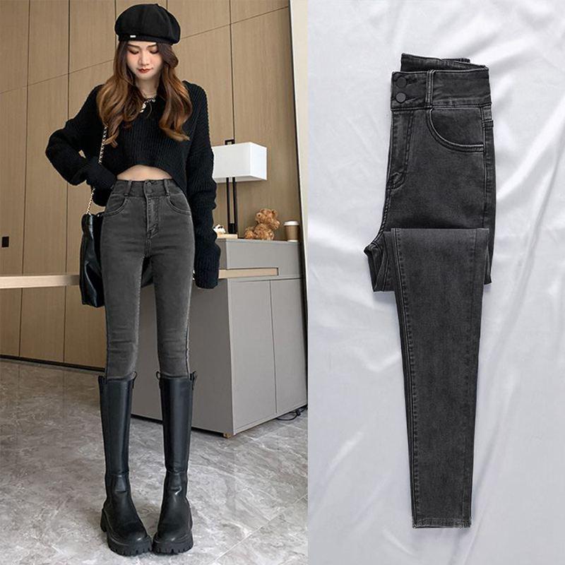 Women's Blue-Gray Fleece-Lined High-Waisted Slim-Fit Denim Pants - 2023 Autumn/Winter Style