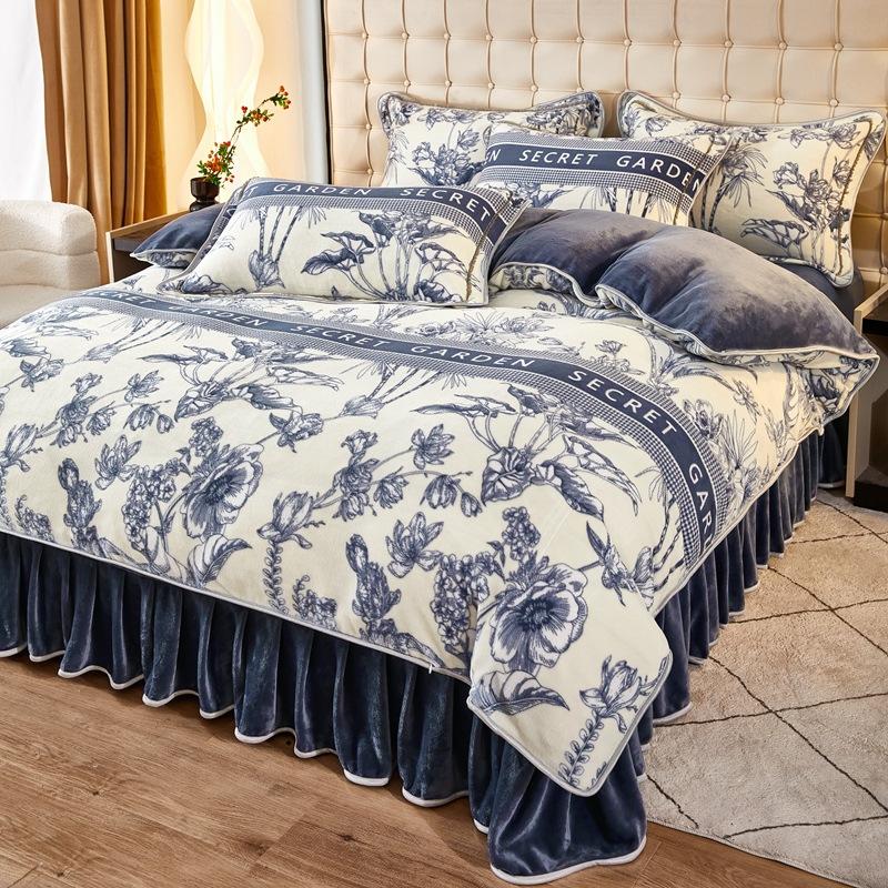 Thickened Milk Fleece Four-Piece Coral Fleece Quilt Cover, Bed Sheet Fleece Double-Sided Fleece Flannel Bedding, Bed Skirt
