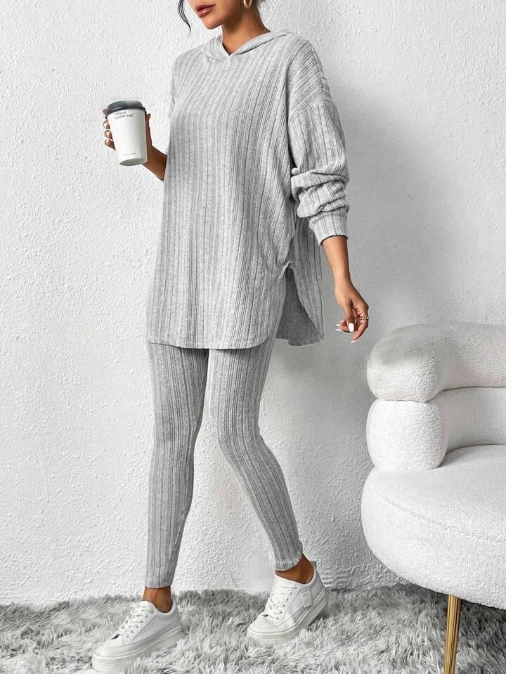 Autumn/Winter 2025 Ribbed Hooded Long Sleeve Casual Women's Set