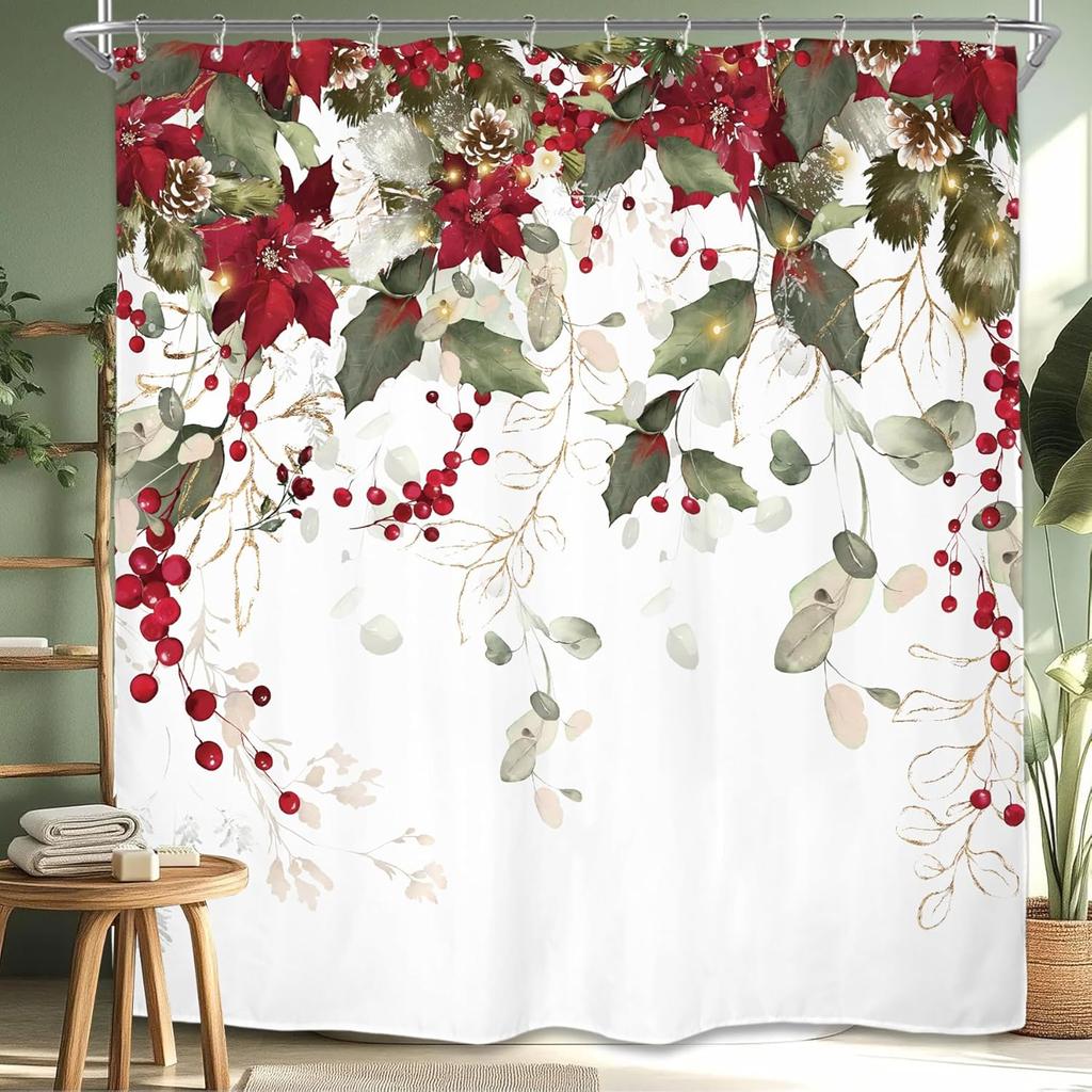 Eucalyptus Christmas Flower Shower Curtain Set Green Red Poinsettia Berry Leaves Botanical Plant Merry Xmas Polyester Waterproof