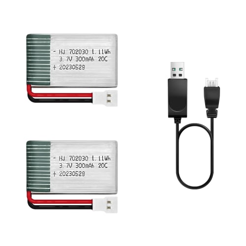 HAWK'S WORK 2-Piece 3.7V LiPo Battery, 300 mAh Rechargeable Lithium Polymer Battery for RC Planes, Helicopters, Drones, All Models and Toys (XH2.54 Co