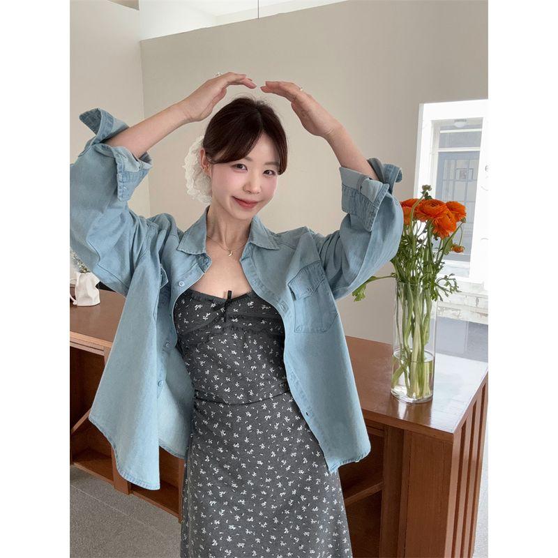 

Kumikumi Retro Set Denim Polo Collar Long sleeve Shirts Women Early Autumn Floral Sling Dress Two-piece Set Denim Shirt L