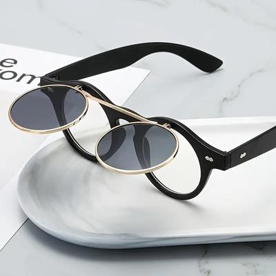 Polarize olmayan Yuvarlak Steampunk Güneş Gözlüğü Kadın Erkek Flip Moda Gözlük Yuvarlak Vintage Gotik Çift Katmanlı Gözlük