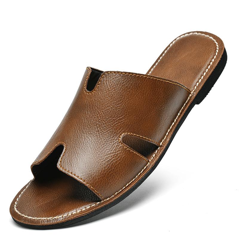 2025 New Designer Men Genuine Leather Slipper Summer Fashion Slides Simple Sandals Comfortable Cool Beach Shoes