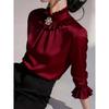 Women ruffled stand collar satin three quarter sleeve shirt multi color slim fit rhinestone pearl brooch office elegant blouse
