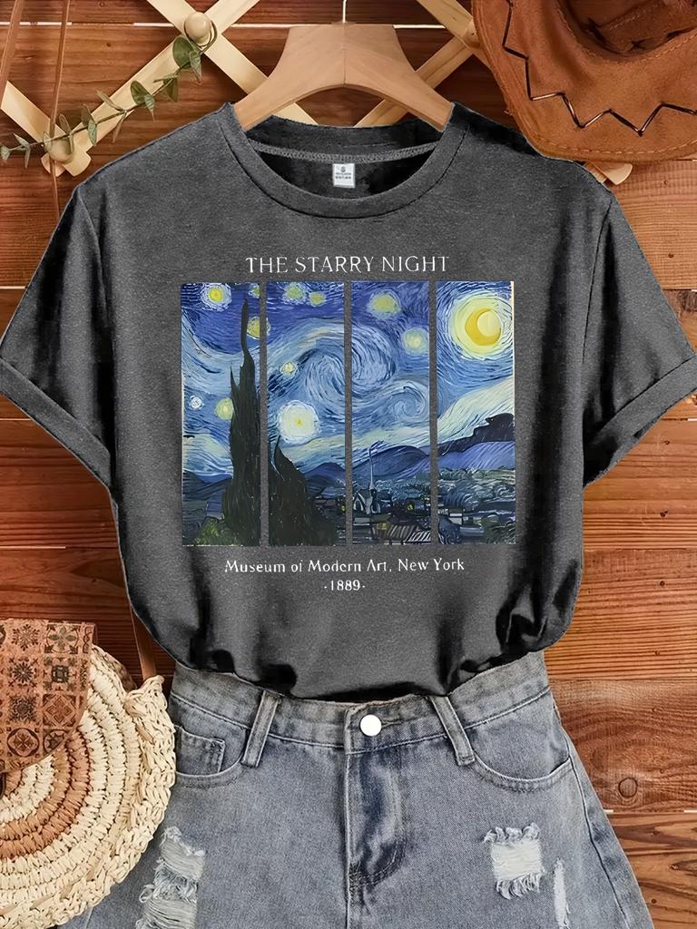 Women's Starry Night Graphic Tee Casual Round Neck T-Shirt Machine Washable Artistic Van Gogh Inspired Design for Casual Attire
