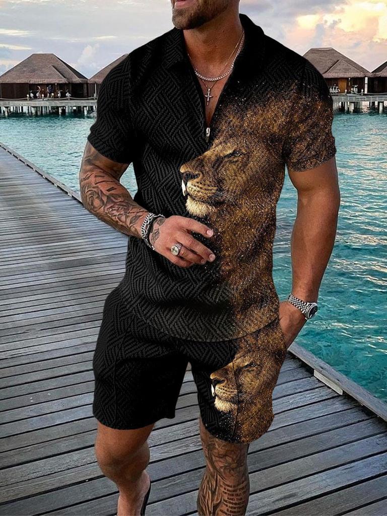 European & American Summer Men's Casual Short Sleeve and Shorts Set