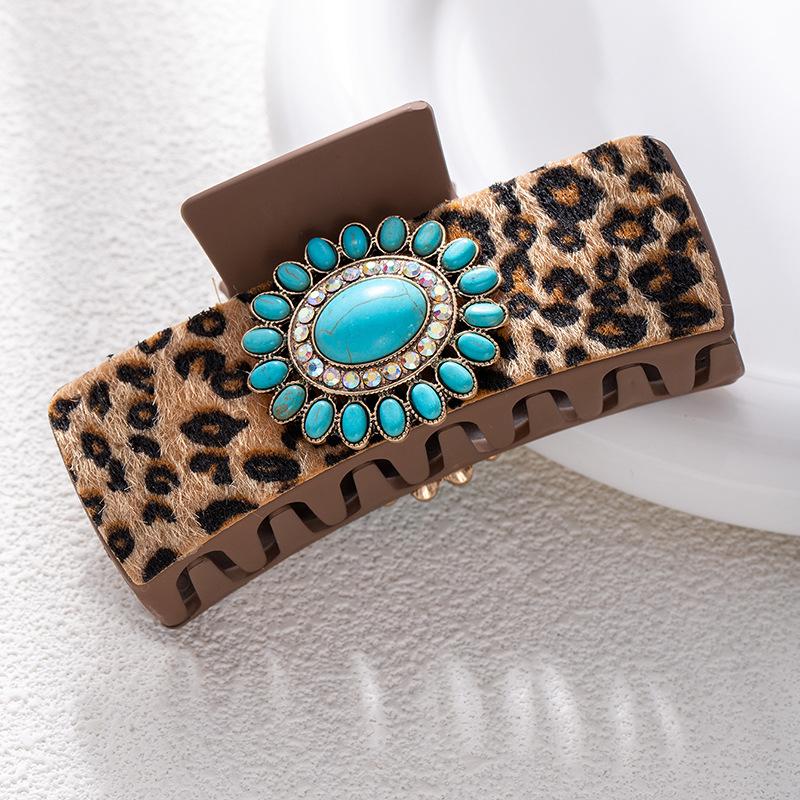 Bohemian Ethnic Style Turquoise Grab Clip Western Style Hairpin Retro Leopard Print Sequined Leather Fashion Disc Hairpin