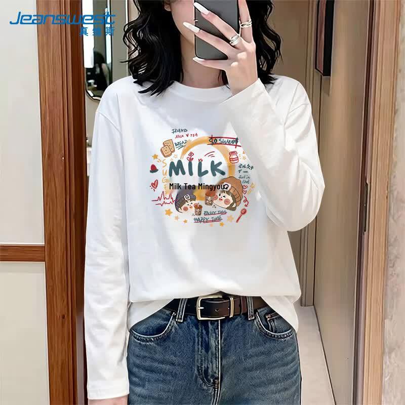 Jeanswest Women's "Romance of Milk Tea" Print Long Sleeve Pure Cotton T-Shirt