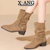 Cowhide Maillard Boots Women's Thick Heel Pile Boots Belt Buckle Medium Martin Boots Knight Boots Western Cowboy Boots
