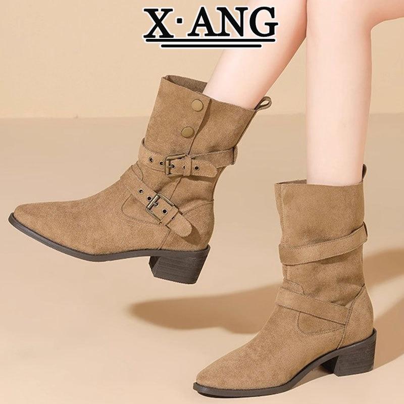 Cowhide Maillard Boots Women's Thick Heel Pile Boots Belt Buckle Medium Martin Boots Knight Boots Western Cowboy Boots