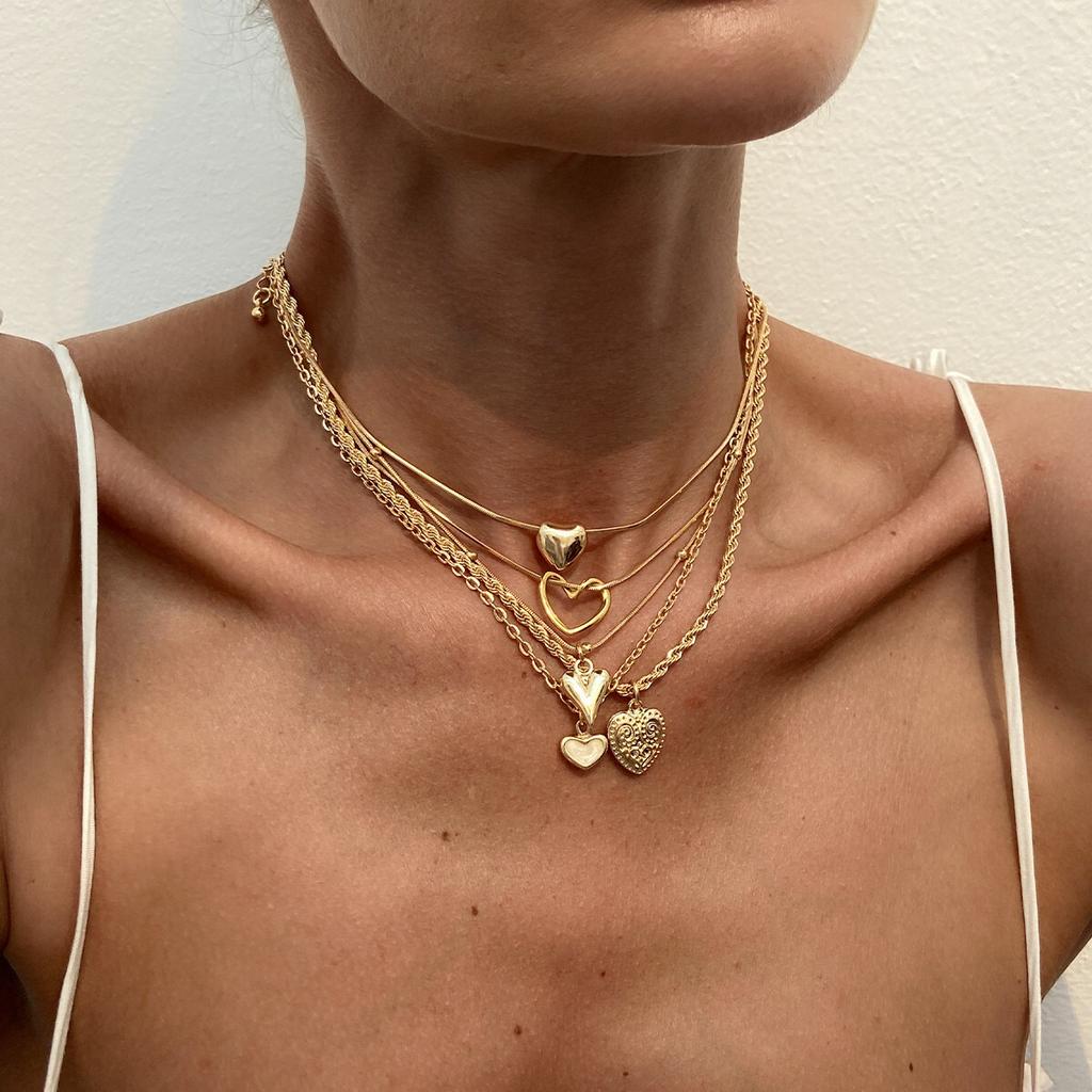 SHIXIN 5 Stück/Set Mehrere Herz-Anhänger Halsketten für Frauen Vintage Mehrschichtige Metallkette Choker Weiblicher Hals Schmuck Geschenk