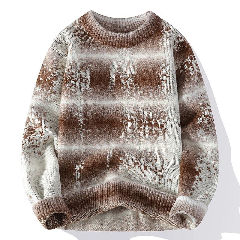 New Thickened Semi-turtleneck Knitted Sweater Striped Trendy Men's Gradual Change of Color Warm Sweater