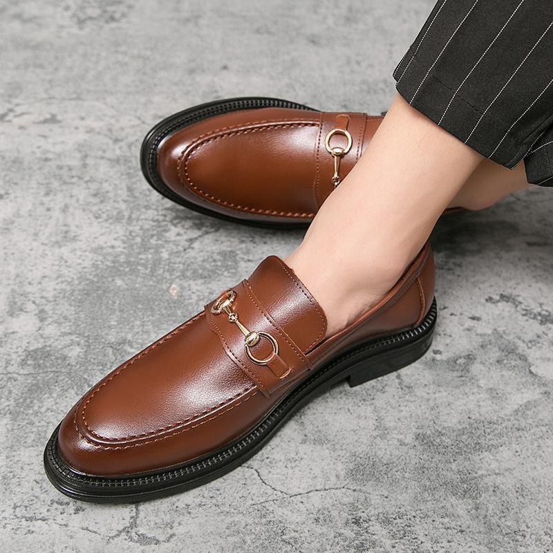 

Мужские кожаные туфли с круглым носком, деловые, повседневные, мужские туфли, британская, корейская версия, тренд, универсальные, осень 2025, новые, коричневые 44