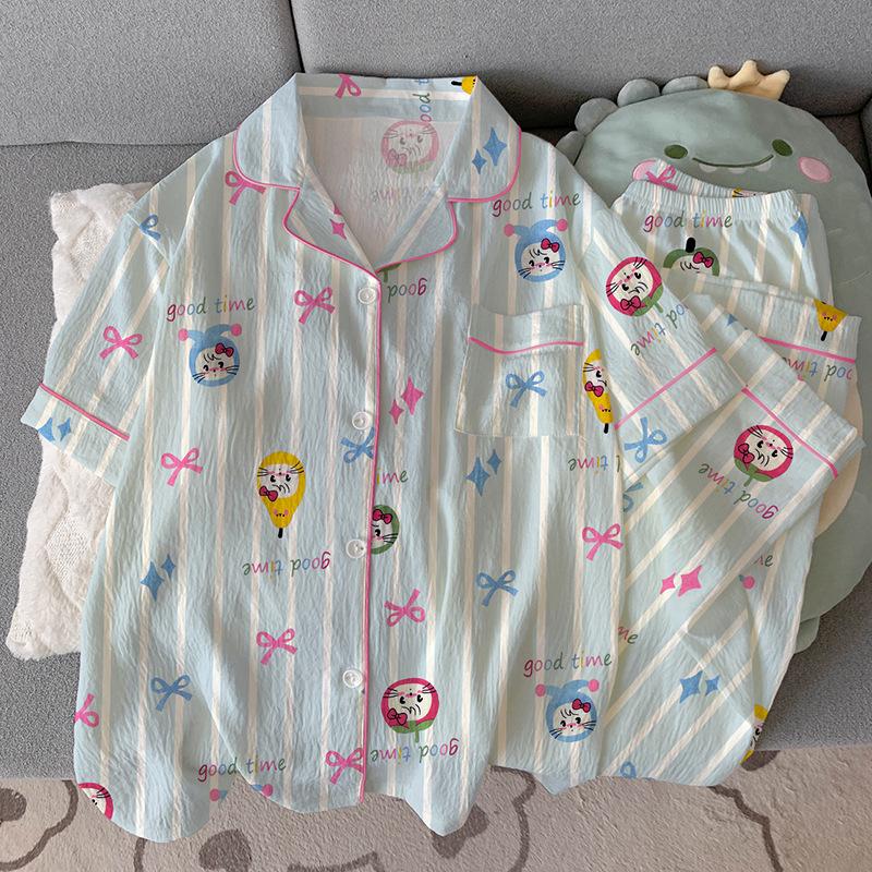 

Маленькая свежая полосатая Микко летняя пижама с коротким рукавом женская мультяшная домашняя одежда облачный хлопок комплект из двух предметов 2XL