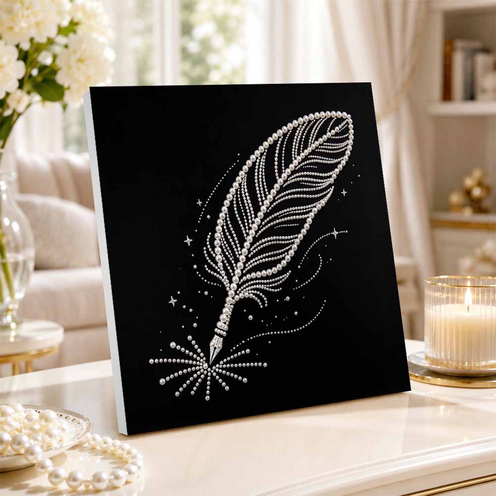 DIY Feather Pearl Diamond Painting Set with Frame. 3D Pearl Beads. Home Wall Decor