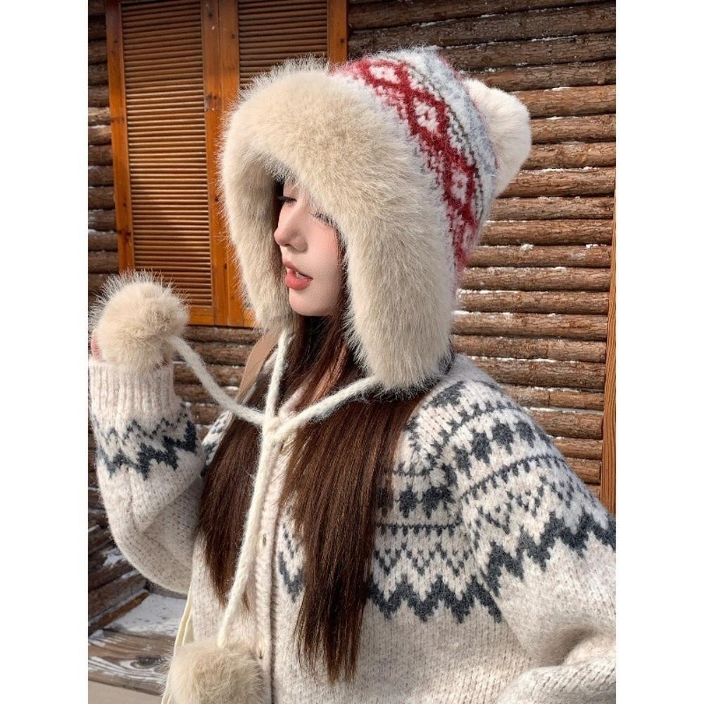 56cm to 58cm Head Circumference Fluffy Knitted Hat Ear Protection Hat Cold Weather