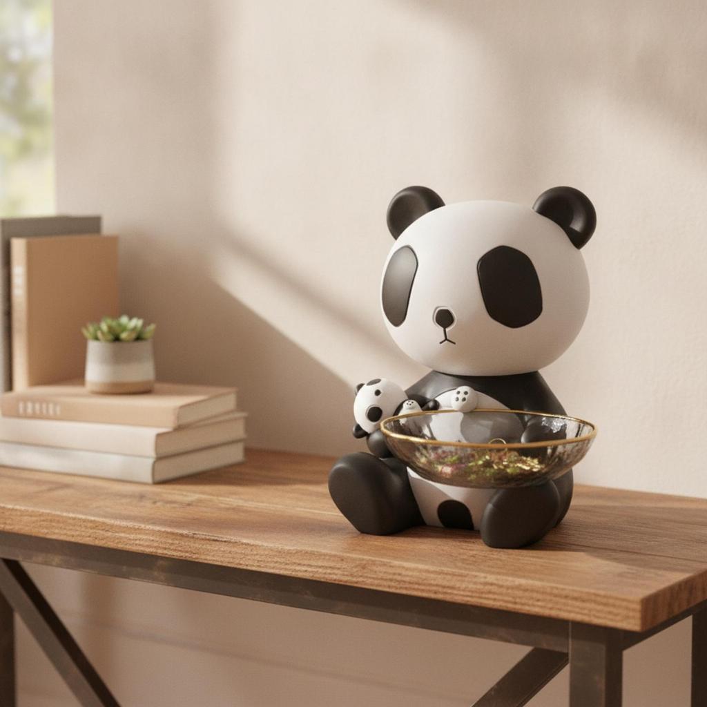 Panda Figurine with Storage Bowl Decorative Statue Cute Catchall Dish for Living