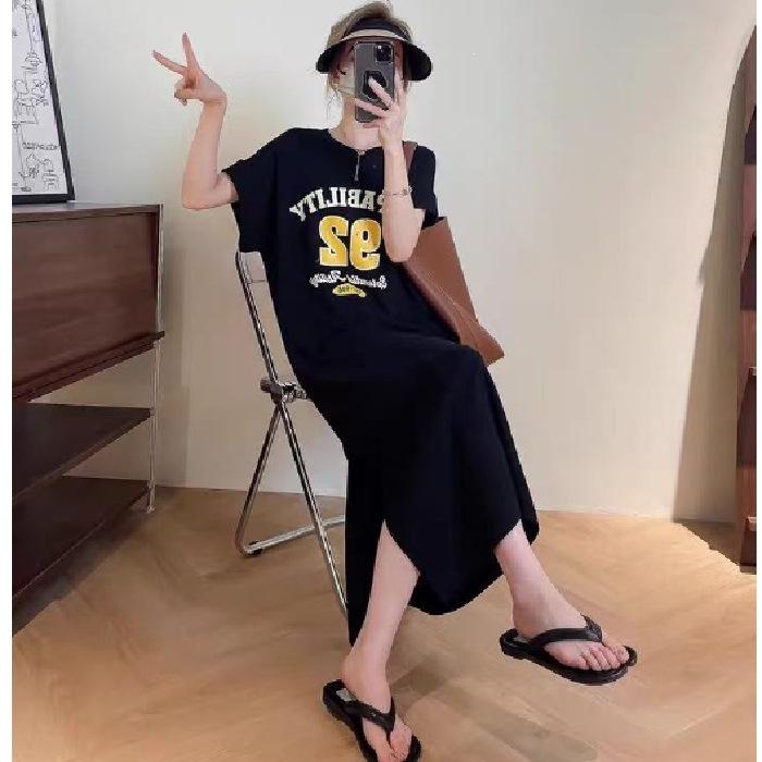 2026 New Korean Version T-shirt Skirt Short-sleeved Large-size Women's Fat Mm Loose Casual Large-size Belly-covering Long Dress