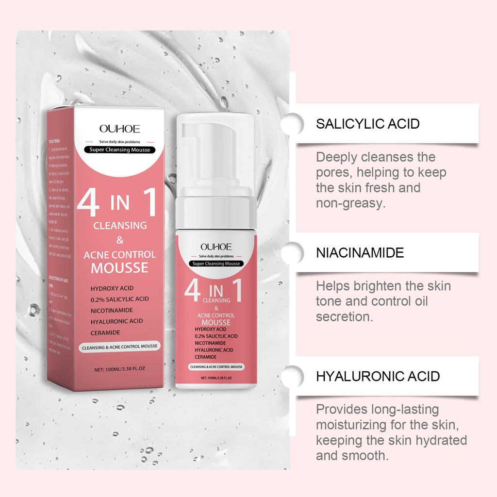 4 In 1 Acne Removal Mousse Salicylic Acid Face Wash Deep Cleaning Smooth Moisturizing Whitening Shrinking Pores Facial Skin Care