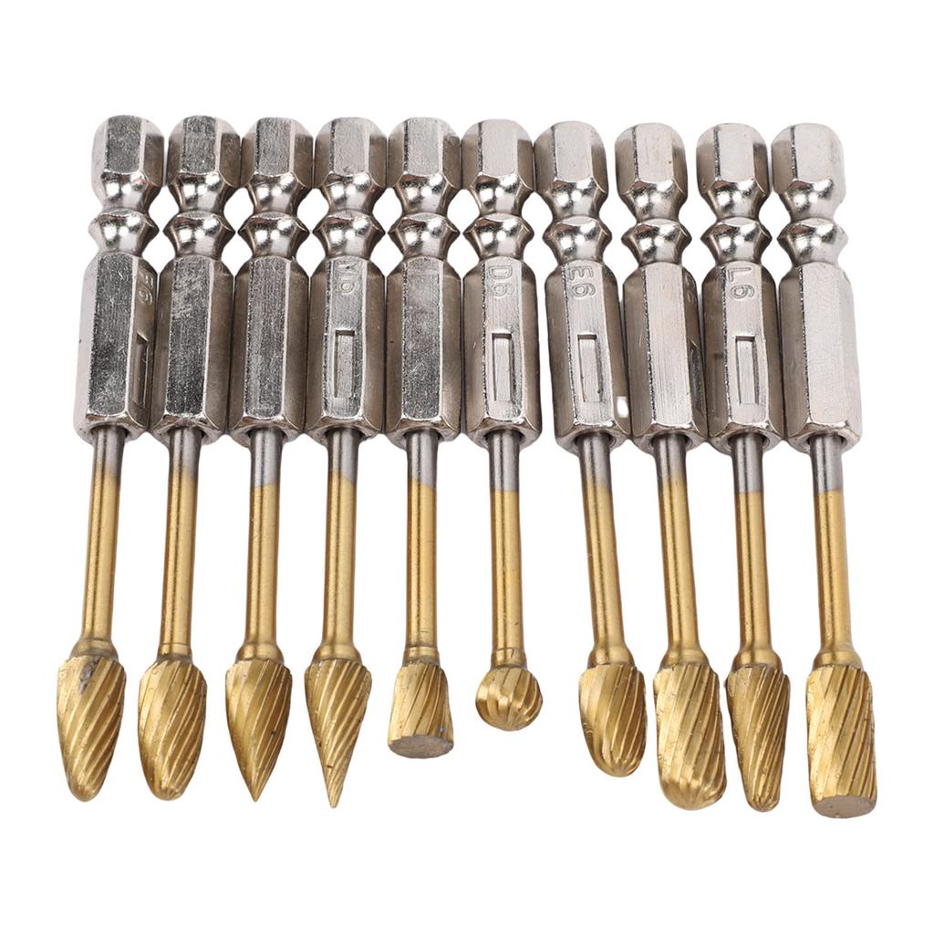 10PCS   Burr Set 1Celsius4 Inch Shank Ti Plated Tungsten Steel Double Cut Burr Bits for Metal Wood Stone Grinding Deburring Carving