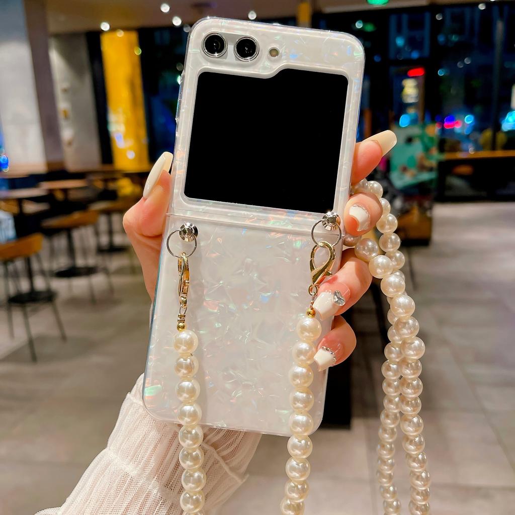 Glitter Shell Pattern Pearl Chain Crossbody telefonveske til Samsung Galaxy Z Flip 5 4 3 Flip5 Flip4 Flip3 5G skulderremdeksel