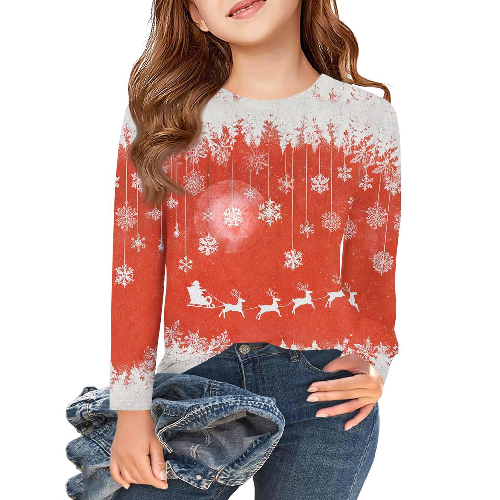 Christmas Day Girls Long Sleeve T Shirts Kids Fall Tops Crewneck Printed Basic Tees