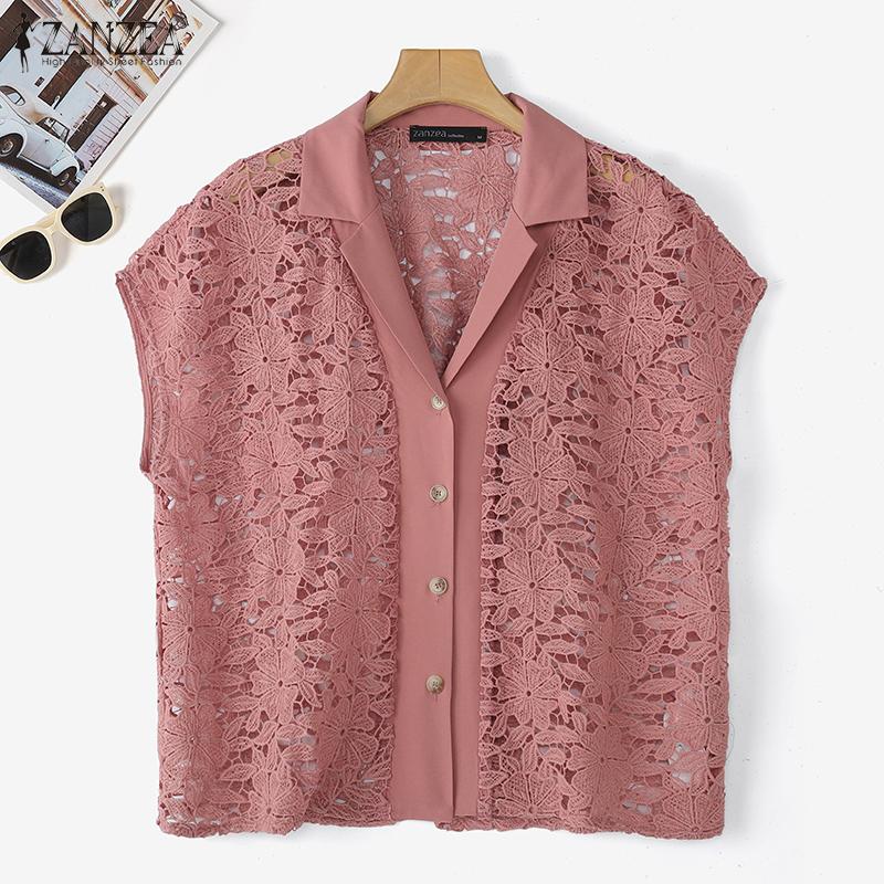 ZANZEA Womens Summer Casual Short Sleeve Hollow Out Lace Cover Up Blouse