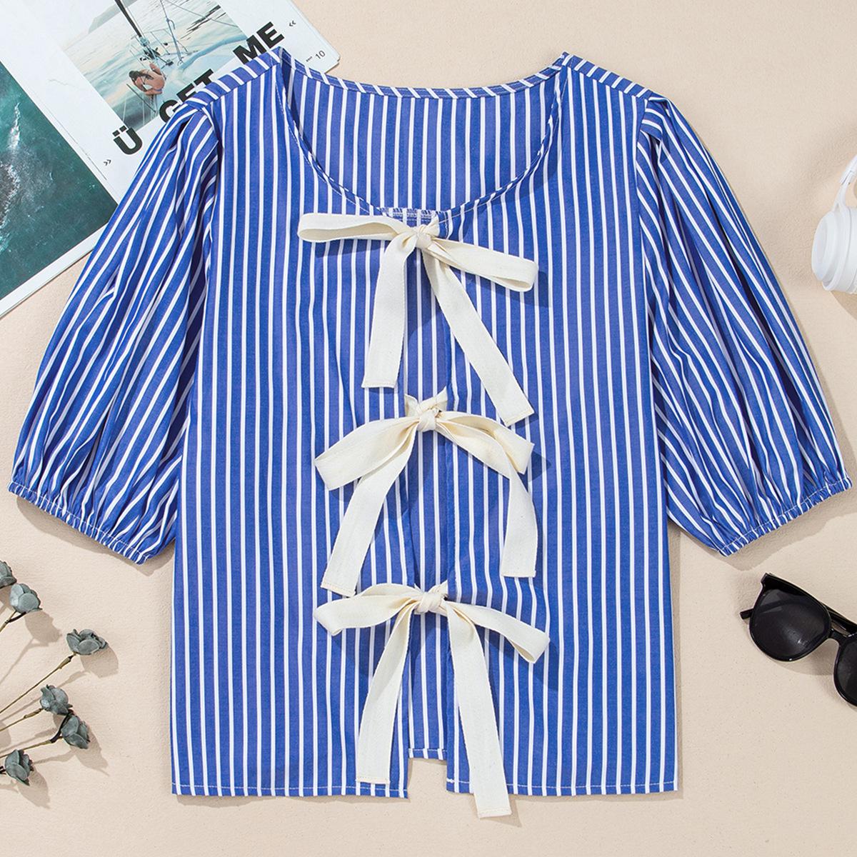 

Shiying Striped Tie-Up Lantern Sleeve Top S синий