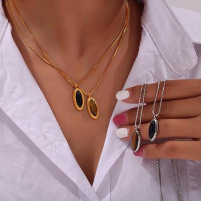 Chinese Vintage Oval Stone Pendant Box Chain Necklace In Titanium Steel