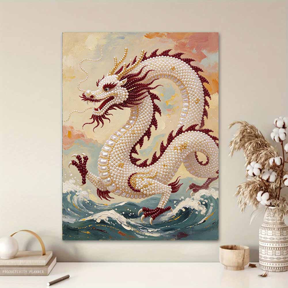 DIY Pearl Gem Chinese Dragon Shining Bead Craft Art Home Wall Ornament Simple Unframed Room Decoration Art Design Elegant Gift For Living Room Decor