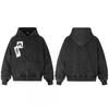 Washed Distressed Rivet Patch Embroidery Zip Up Hoodie Men Women American Streetwear Loose Fit Casual Outerwear