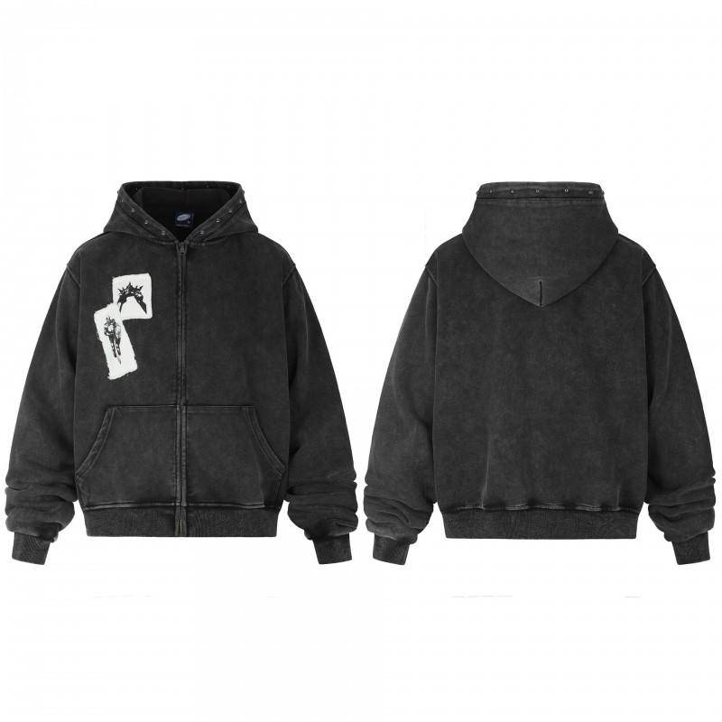 Washed Distressed Rivet Patch Embroidery Zip Up Hoodie Men Women American Streetwear Loose Fit Casual Outerwear