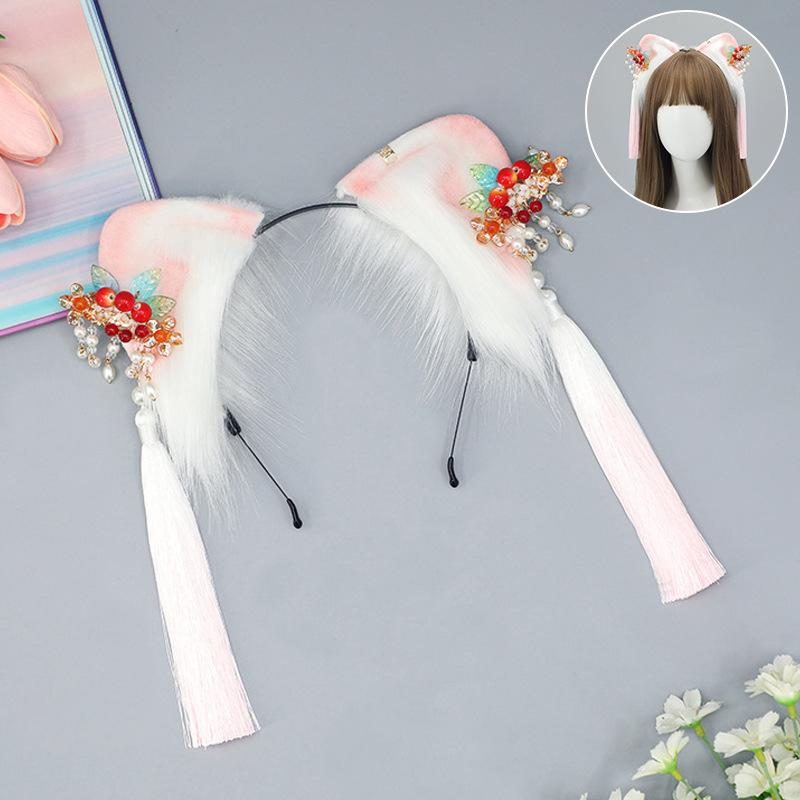Ancient Tassel Animal Ear Cat Ear Headband Exhibition Hanfu Cos Props Handmade Chinese Mother Plush Cat Ears
