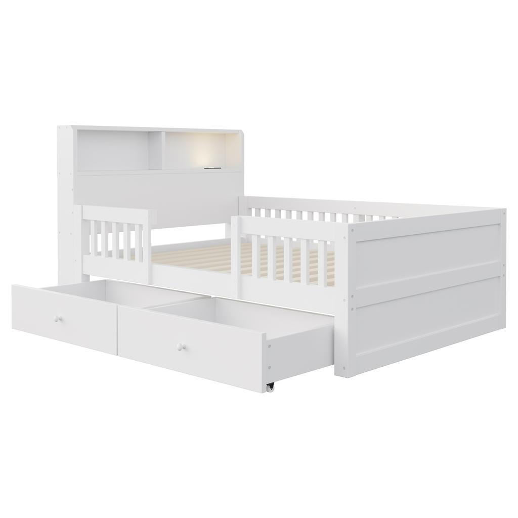 Wooden Bed 90 x 190 cm, USB and Type-C Combo Socket, LED Light, Headboard with Storage Function, Children's Bed, Multifunctional Bed, Pine Wood, White
