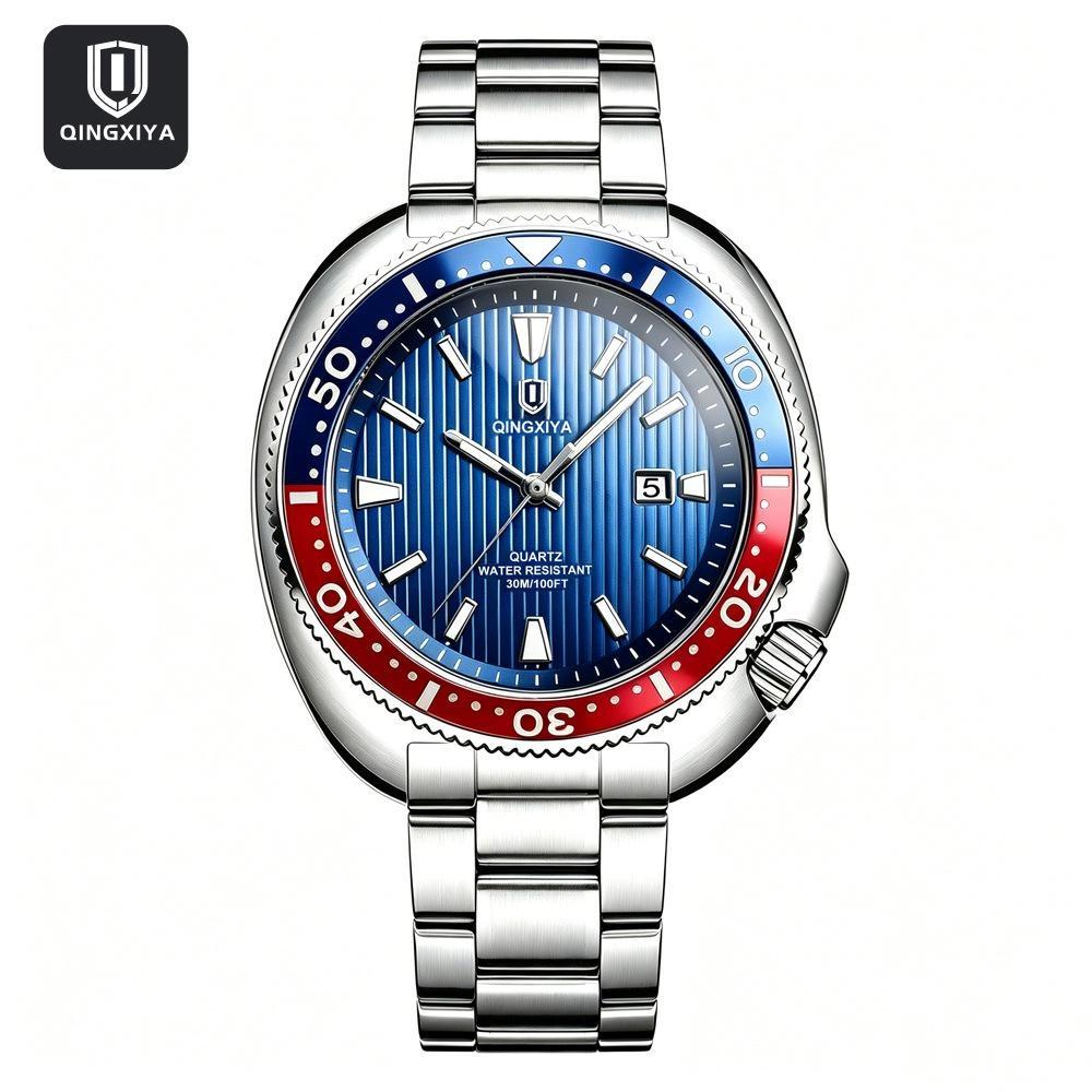 Business Mens Analog Watches Wateproof Diving Watch Luminous Dial Steel Band Daily Calendar Quartz Watch