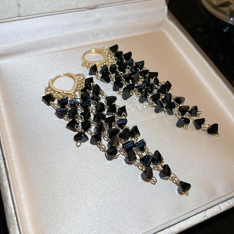 European and American Black Diamond-encrusted Butterfly Flower Fringed Earrings Temperament Earrings Light Luxury Earrings Women